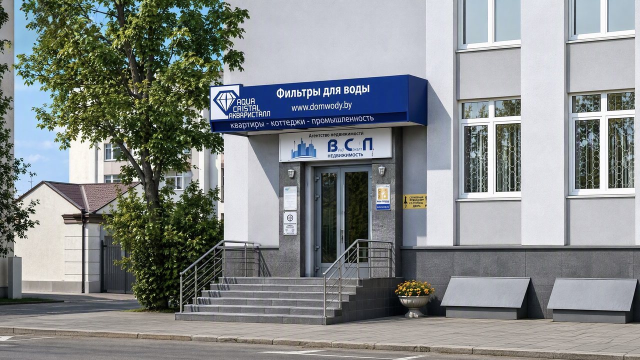 Вход в офис «АкваКристалл» на Сурганова, 11 с вывеской «Фильтры для воды»